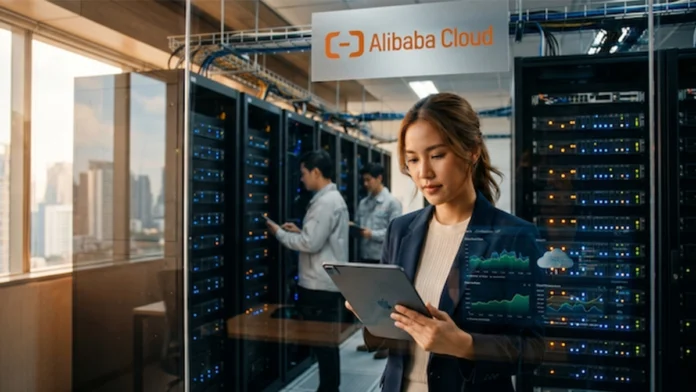 ผู้เชี่ยวชาญด้านไอทีวิเคราะห์ข้อมูลบนแท็บเล็ตในศูนย์ข้อมูล Alibaba Cloud ศูนย์รวมโครงสร้างพื้นฐานคลาวด์ชั้นนำ